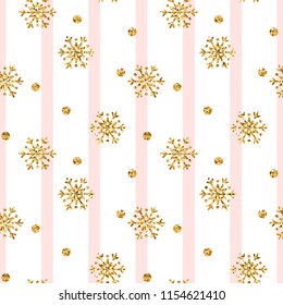 Christmas gold snowflake seamless pattern. Golden glitter snowflakes on pink white lines background. Winter snow texture design wallpaper Symbol holiday, New Year celebration Vector illustration