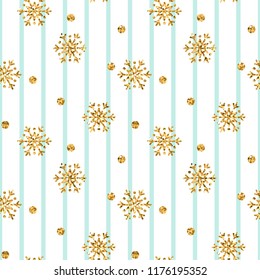 Christmas gold snowflake seamless pattern. Golden glitter snowflakes on blue white lines background. Winter snow texture design wallpaper Symbol holiday, New Year celebration Vector illustration