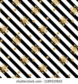 Christmas gold snowflake seamless pattern. Golden snowflakes on black and white diagonal lines background. Winter snow texture wallpaper. Symbol holiday, New Year celebration Vector illustration