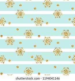 Christmas gold snowflake seamless pattern. Golden glitter snowflakes on blue white lines background. Winter snow texture design wallpaper Symbol holiday, New Year celebration Vector illustration