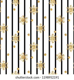 Christmas gold snowflake seamless pattern. Golden glitter snowflakes on black white lines background. Winter snow texture design wallpaper Symbol holiday, New Year celebration Vector illustration