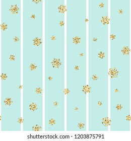 Christmas gold snowflake seamless pattern. Golden glitter snowflakes on blue white lines background. Winter snow texture design wallpaper Symbol holiday, New Year celebration Vector illustration