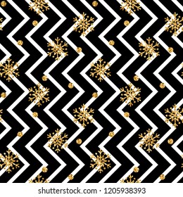 Christmas gold snowflake seamless pattern. Golden glitter snowflakes on black and white zig zag background. Winter snow design wallpaper. Symbol holiday, New Year celebration Vector illustration