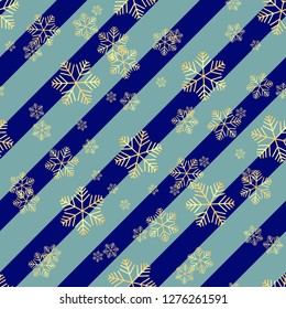 Christmas gold snowflake seamless pattern. Golden snowflakes on blue and white diagonal lines background. Winter snow texture wallpaper. Symbol holiday, New Year celebration Vector illustration