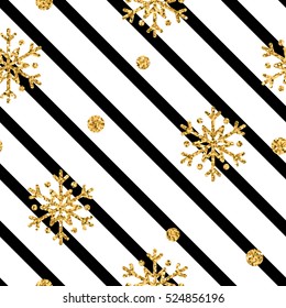 Christmas gold snowflake seamless pattern. Golden snowflakes on black and white diagonal lines background. Winter snow design wallpaper. Symbol holiday, New Year celebration Vector illustration