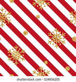 Christmas gold snowflake seamless pattern. Golden glitter snowflakes on red and white diagonal lines background. Winter snow design wallpaper. Symbol holiday, New Year Vector illustration