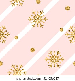 Christmas gold snowflake seamless pattern. Golden snowflakes on pink and white diagonal lines background. Winter snow design wallpaper. Symbol holiday, New Year celebration Vector illustration