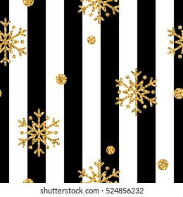 Christmas gold snowflake seamless pattern. Golden glitter snowflakes on black and white lines background. Winter snow design wallpaper. Symbol holiday, New Year celebration Vector illustration