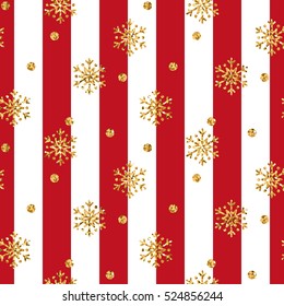 Christmas gold snowflake seamless pattern. Golden glitter snowflakes on red and white lines background. Winter snow design wallpaper. Symbol holiday, New Year celebration Vector illustration