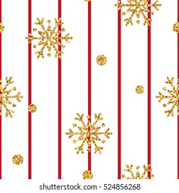 Christmas gold snowflake seamless pattern. Golden glitter snowflakes on red and white lines background. Winter snow design wallpaper. Symbol holiday, New Year celebration Vector illustration