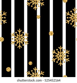 Christmas gold snowflake seamless pattern. Golden glitter snowflakes on black and white lines background. Winter snow design wallpaper. Symbol holiday, New Year celebration Vector illustration