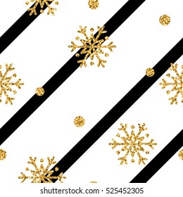 Christmas gold snowflake seamless pattern. Golden glitter snowflakes on black and white lines background. Winter snow design wallpaper. Symbol holiday, New Year celebration Vector illustration