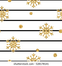 Christmas gold snowflake seamless pattern. Golden glitter snowflakes on black and white lines background. Winter snow design wallpaper. Symbol holiday, New Year celebration Vector illustration