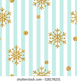 Christmas gold snowflake seamless pattern. Golden glitter snowflakes on blue and white lines background. Winter snow design wallpaper. Symbol holiday, New Year celebration Vector illustration