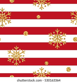 Christmas gold snowflake seamless pattern. Golden glitter snowflakes on red and white lines background. Winter snow texture wallpaper. Symbol holiday, New Year celebration Vector illustration