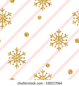 Christmas gold snowflake seamless pattern. Golden snowflakes on pink and white diagonal lines background. Winter snow texture wallpaper. Symbol holiday, New Year celebration Vector illustration