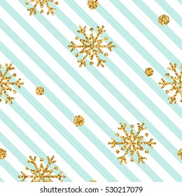 Christmas gold snowflake seamless pattern. Golden glitter snowflakes on blue and white lines background. Winter snow texture wallpaper. Symbol holiday, New Year celebration Vector illustration