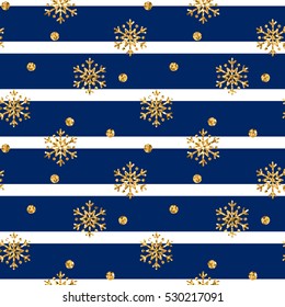Christmas gold snowflake seamless pattern. Golden glitter snowflakes on blue and white lines background. Winter snow texture wallpaper. Symbol holiday, New Year celebration Vector illustration