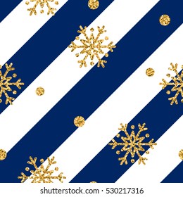 Christmas gold snowflake seamless pattern. Golden glitter snowflakes on blue and white diagonal lines background. Winter snow design wallpaper. Symbol holiday, New Year Vector illustration
