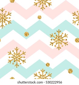 Christmas gold snowflake seamless pattern. Golden glitter snowflakes on pink, blue, white zig zag background. Winter snow design wallpaper. Symbol holiday, New Year celebration Vector illustration
