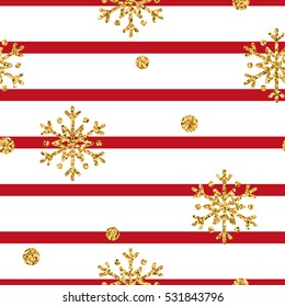 Christmas gold snowflake seamless pattern. Golden glitter snowflakes on red and white lines background. Winter snow design wallpaper. Symbol holiday, New Year celebration Vector illustration