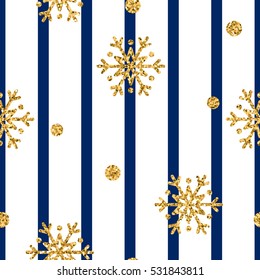 Christmas gold snowflake seamless pattern. Golden glitter snowflakes on blue and white lines background. Winter snow texture wallpaper. Symbol holiday, New Year celebration Vector illustration