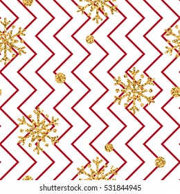 Christmas gold snowflake seamless pattern. Golden glitter snowflakes on red and white zig zag background. Winter snow design wallpaper. Symbol holiday, New Year celebration Vector illustration