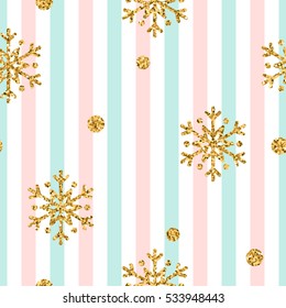 Christmas gold snowflake seamless pattern. Golden glitter snowflakes on blue, pink, white lines background. Winter snow design wallpaper. Symbol holiday, New Year celebration Vector illustration
