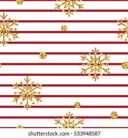 Christmas gold snowflake seamless pattern. Golden glitter snowflakes on red and white lines background. Winter snow texture wallpaper. Symbol holiday, New Year celebration Vector illustration