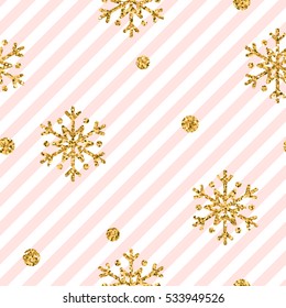 Christmas Gold Snowflake Seamless Pattern. Golden Glitter Snowflakes On Pink And White Diagonal Lines Background. Winter Snow Design Wallpaper. Symbol Holiday, New Year Celebration Vector Illustration