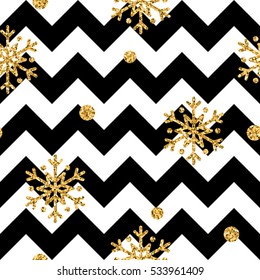 Christmas gold snowflake seamless pattern. Golden glitter snowflakes on black and white zig zag background. Winter snow design wallpaper. Symbol holiday, New Year celebration Vector illustration
