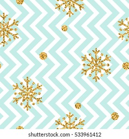 Christmas gold snowflake seamless pattern. Golden glitter snowflakes on blue and white zig zag background. Winter snow design wallpaper. Symbol holiday, New Year celebration Vector illustration