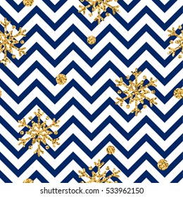 Christmas gold snowflake seamless pattern. Golden glitter snowflakes on blue and white zig zag background. Winter snow design wallpaper. Symbol holiday, New Year celebration Vector illustration