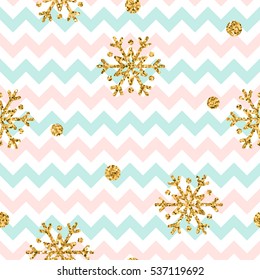 Christmas gold snowflake seamless pattern. Golden glitter snowflakes on pink, blue, white zig zag background. Winter snow design wallpaper. Symbol holiday, New Year celebration Vector illustration