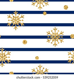 Christmas gold snowflake seamless pattern. Golden glitter snowflakes on blue and white lines background. Winter snow design wallpaper. Symbol holiday, New Year celebration Vector illustration