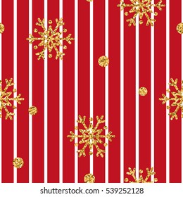 Christmas gold snowflake seamless pattern. Golden glitter snowflakes on red and white lines background. Winter snow design wallpaper. Symbol holiday, New Year celebration Vector illustration