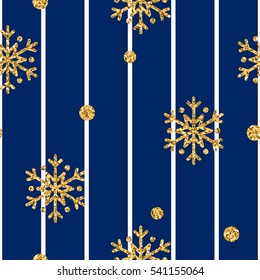 Christmas gold snowflake seamless pattern. Golden glitter snowflakes on blue and white lines background. Winter snow design wallpaper. Symbol holiday, New Year celebration Vector illustration