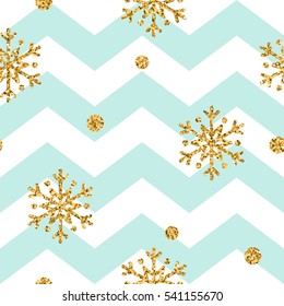 Christmas gold snowflake seamless pattern. Golden glitter snowflakes on blue and white zig zag background. Winter snow design wallpaper. Symbol holiday, New Year celebration Vector illustration