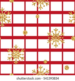 Christmas gold snowflake seamless pattern. Golden glitter snowflakes on red and white square background. Winter snow design wallpaper. Symbol holiday, New Year celebration Vector illustration
