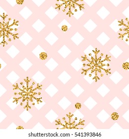 Christmas gold snowflake seamless pattern. Golden snowflakes on pink and white rhombus background. Winter snow texture wallpaper. Symbol holiday, New Year celebration Vector illustration