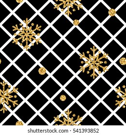 Christmas gold snowflake seamless pattern. Golden snowflakes on black and white rhombus background. Winter snow texture wallpaper. Symbol holiday, New Year celebration Vector illustration