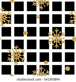 Christmas gold snowflake seamless pattern. Golden glitter snowflakes on black and white square background. Winter snow design wallpaper. Symbol holiday, New Year celebration Vector illustration