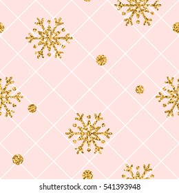 Christmas gold snowflake seamless pattern. Golden snowflakes on pink and white rhombus background. Winter snow texture wallpaper. Symbol holiday, New Year celebration Vector illustration
