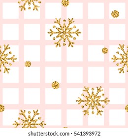 Christmas gold snowflake seamless pattern. Golden glitter snowflakes on pink and white square background. Winter snow design wallpaper. Symbol holiday, New Year celebration Vector illustration