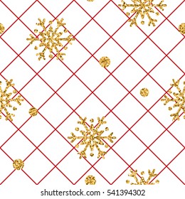 Christmas gold snowflake seamless pattern. Golden snowflakes on red and white rhombus background. Winter snow texture wallpaper. Symbol holiday, New Year celebration Vector illustration