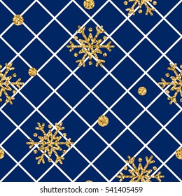 Christmas gold snowflake seamless pattern. Golden snowflakes on blue and white rhombus background. Winter snow texture wallpaper. Symbol holiday, New Year celebration Vector illustration
