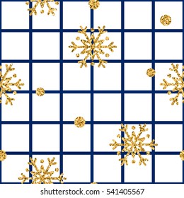 Christmas gold snowflake seamless pattern. Golden glitter snowflakes on blue and white square background. Winter snow design wallpaper. Symbol holiday, New Year celebration Vector illustration