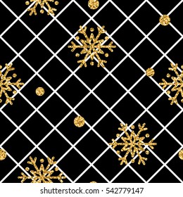 Christmas gold snowflake seamless pattern. Golden snowflakes on black and white rhombus background. Winter snow texture wallpaper. Symbol holiday, New Year celebration Vector illustration