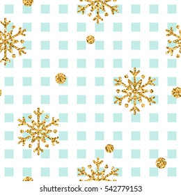 Christmas gold snowflake seamless pattern. Golden glitter snowflakes on blue and white square background. Winter snow design wallpaper. Symbol holiday, New Year celebration Vector illustration