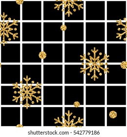 Christmas gold snowflake seamless pattern. Golden glitter snowflakes on black and white square background. Winter snow design wallpaper. Symbol holiday, New Year celebration Vector illustration